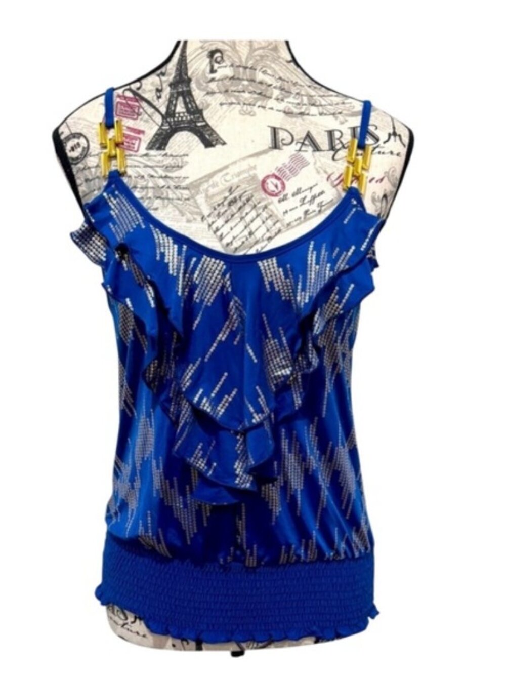 Solar USA Blue& Gold trim Ruffled Front Women's Top w Elastic Waist Large